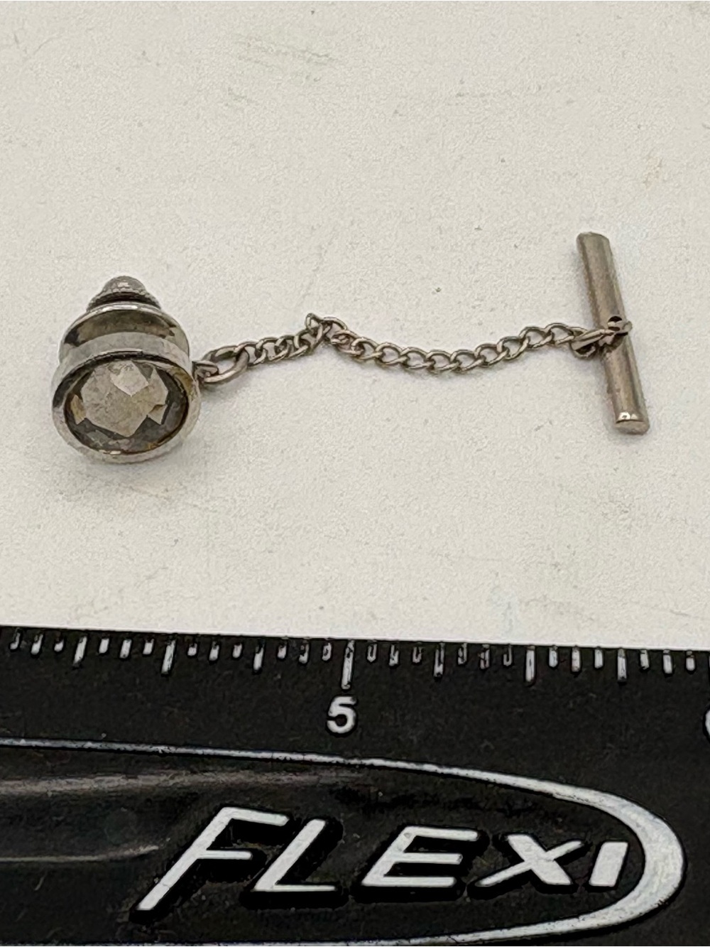 Vintage Classic Men's Silver Tone Faceted Glass Tie Tack Retaining Chain & T-bar